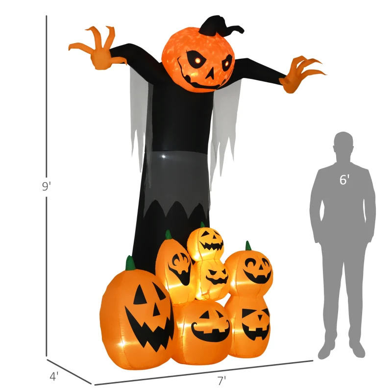 HOMCOM 9ft Halloween Inflatables Outdoor Decorations, Pumpkin Ghost with Pumpkin Patch, Outdoor Giant Blow Up Yard Decor with Build-in LED for Garden, Lawn, Party, Holiday