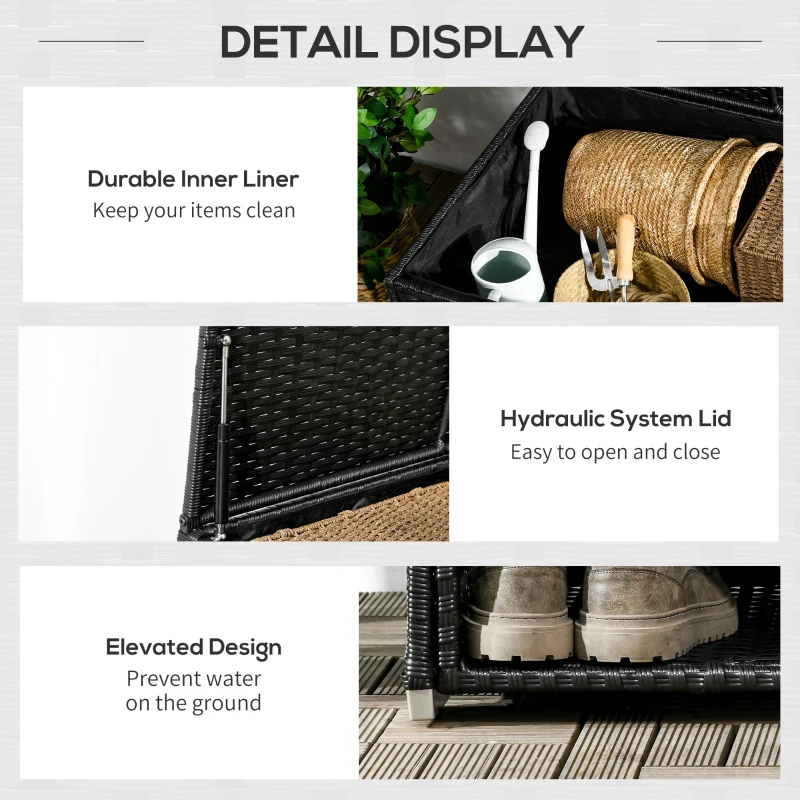 Outsunny Outdoor Deck Box & Shoe Storage, PE Rattan Wicker Towel Rack with Liner for Indoor, Outdoor, Patio Furniture Cushions, Pool, Garden Tools, Black