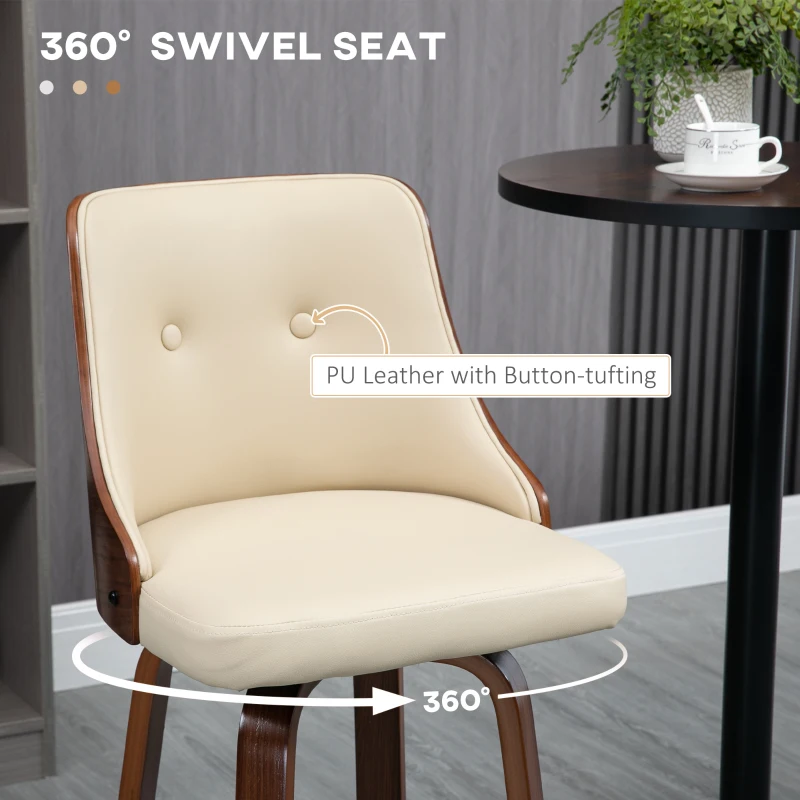HOMCOM Bar Height Bar Stools, PU Leather Swivel Barstools with Footrest and Tufted Back, Set of 4, Beige