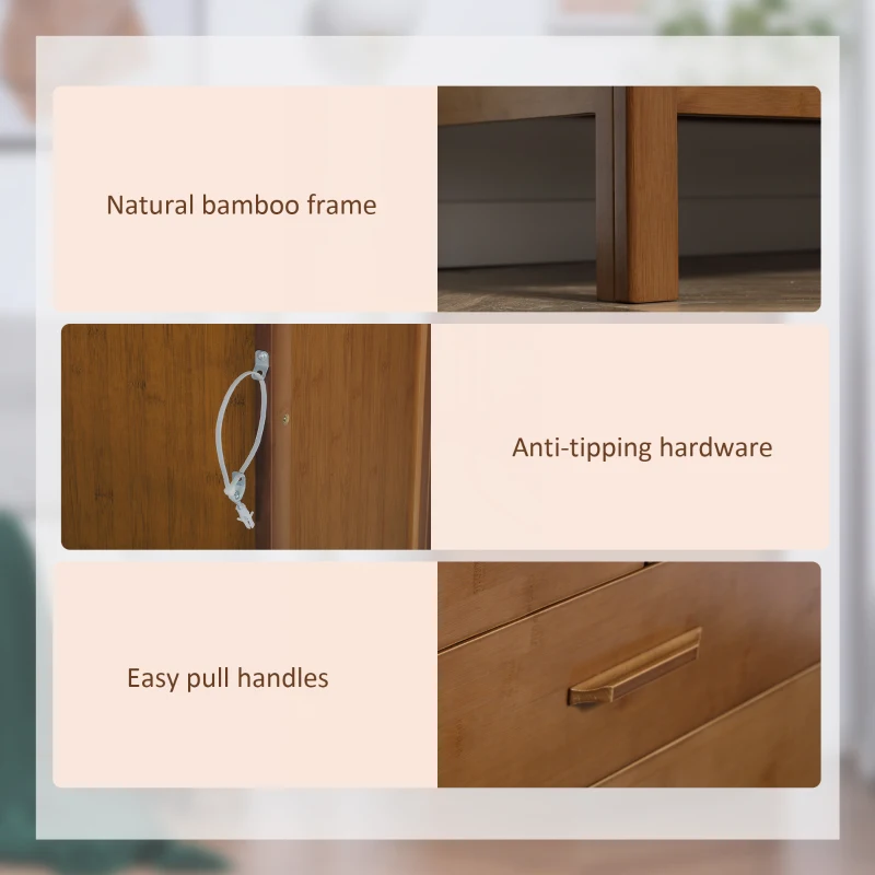 HOMCOM Tall Dresser for Bedroom, 6 Drawer Dresser, Chest of Drawers with Bamboo Frame, Brown