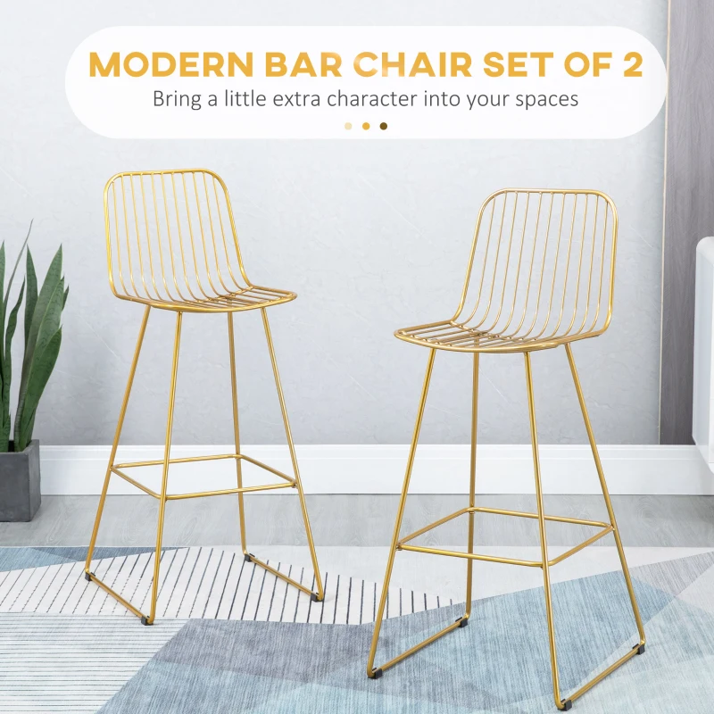 HOMCOM Modern Bar Stools, Metal Wire Bar Height Barstools, 30" Seat Height Bar Chairs for Kitchen with Back and Footrest, Set of 4, Gold