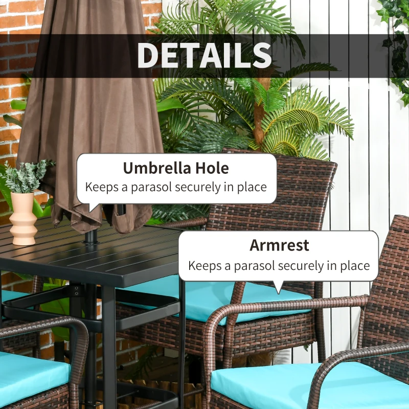 Outsunny 5-Piece Wicker Bar Set, Patio Bar Table Chair with Parasol Hole for Poolside, 31.5"x31.5"x39.8", Brown