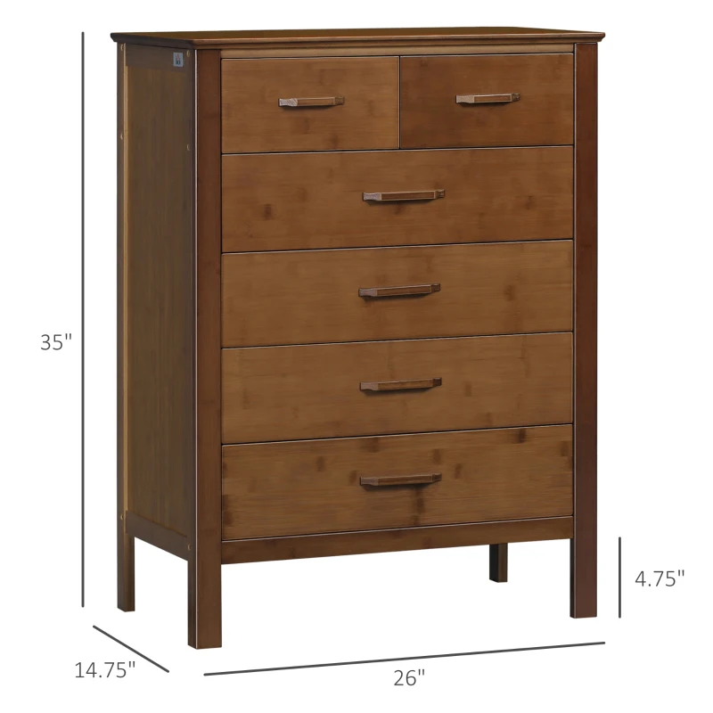 HOMCOM Tall Dresser for Bedroom, 6 Drawer Dresser, Chest of Drawers with Bamboo Frame, Brown