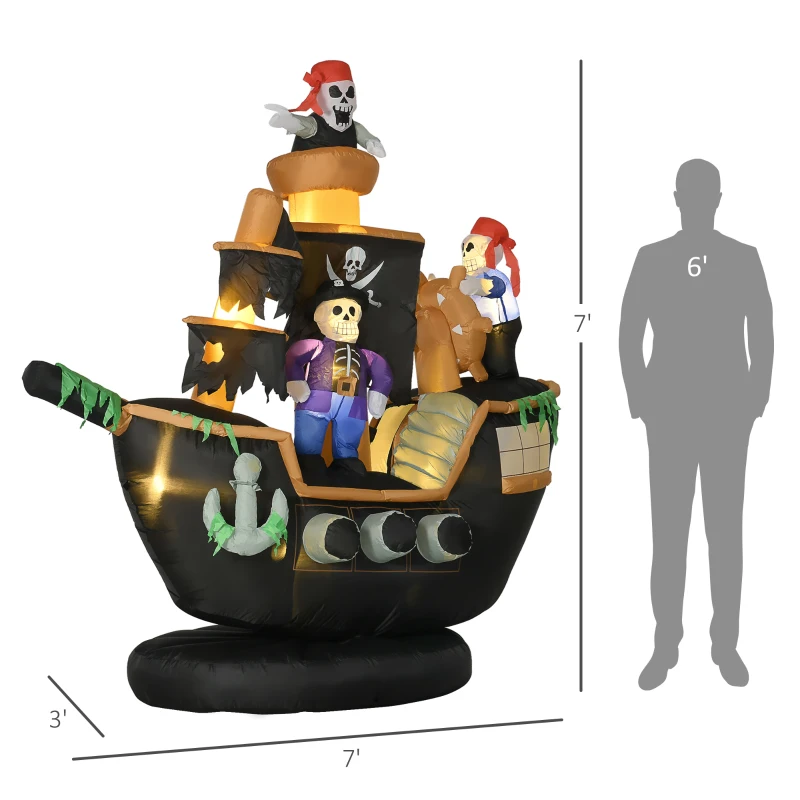 HOMCOM 7ft Halloween Inflatables, Skeleton Pirate Ship, Outdoor Blow Up Yard Decoration with Build-in LED