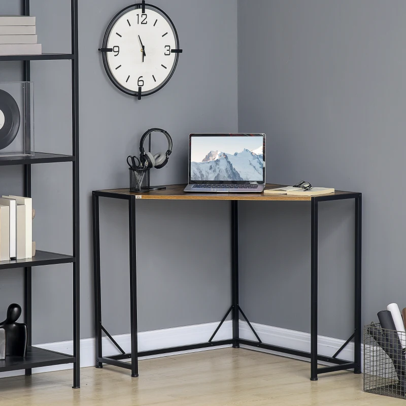 HOMCOM Space-Saving Corner Desk, Small Computer Desk with Metal Frame, Writing Desk for Home Office, Small Spaces, Rustic Brown