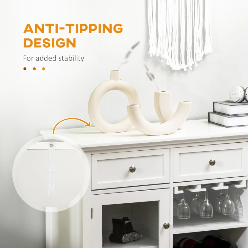 HOMCOM Modern Buffet Sideboard with Glass Doors, Kitchen Cabinet with 3 Drawers and Wine Storage, Coffee Bar Cabinet, White