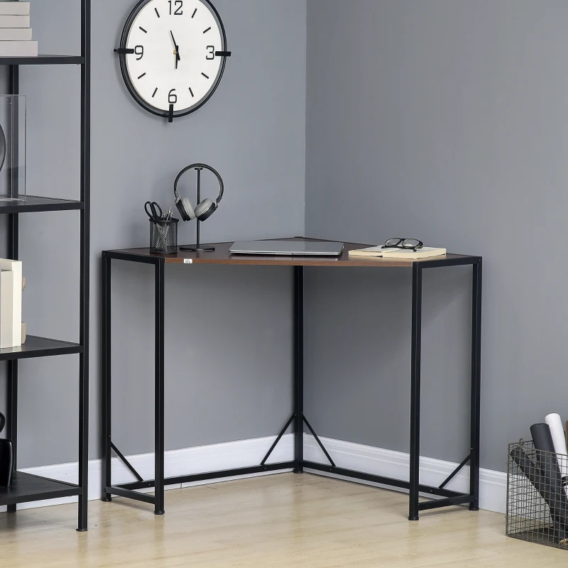 HOMCOM Space-Saving Corner Desk, Small Computer Desk with Metal Frame, Writing Desk for Home Office, Small Spaces, Dark Walnut