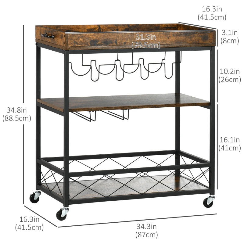 HOMCOM 3-Tier Kitchen Cart on Wheels with Removable Tray, Wine Racks, Glass Holders Rustic Brown