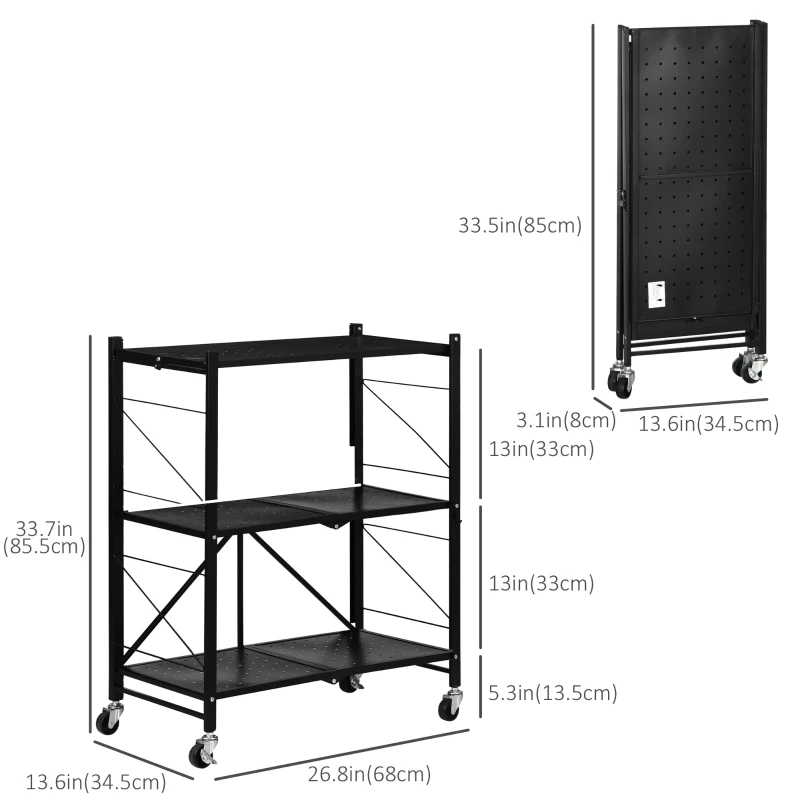 HOMCOM 3 Tier Utility Cart, Kitchen Rolling Cart with Lockable Wheels, Multifunctional Storage Shelves for Living Room, Black