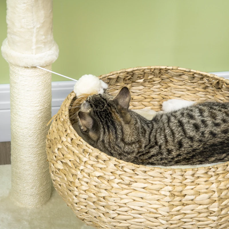 PawHut 28" Elevated Cat Bed with Sisal Scratching Post for Indoor Kitties, Modern Cat Tree with Cute Basket Design, Small Cat Tree with Fun Ball Toy