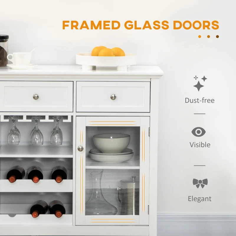 HOMCOM Modern Buffet Sideboard with Glass Doors, Kitchen Cabinet with 3 Drawers and Wine Storage, Coffee Bar Cabinet, White