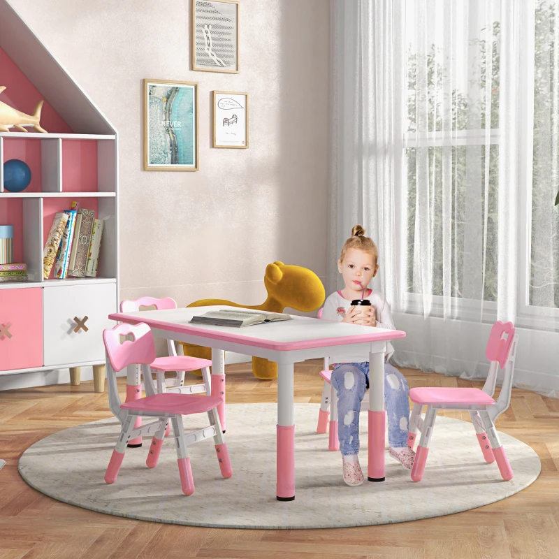 Qaba Kids Table and Chair Set with 4 Chairs, Adjustable Height, Easy to ...