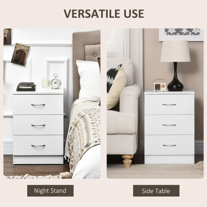HOMCOM Bedside Table with 3 Drawers, Modern Wood Nightstand, Side Table with Anti-tipping Design for Bedroom, White