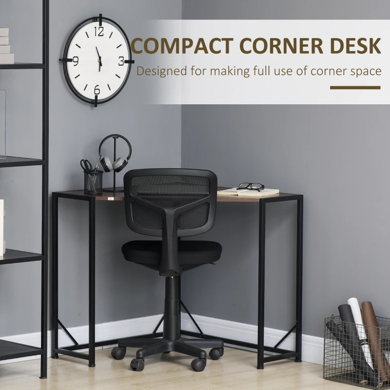 HOMCOM Space-Saving Corner Desk, Small Computer Desk with Metal Frame, Writing Desk for Home Office, Small Spaces, Dark Walnut