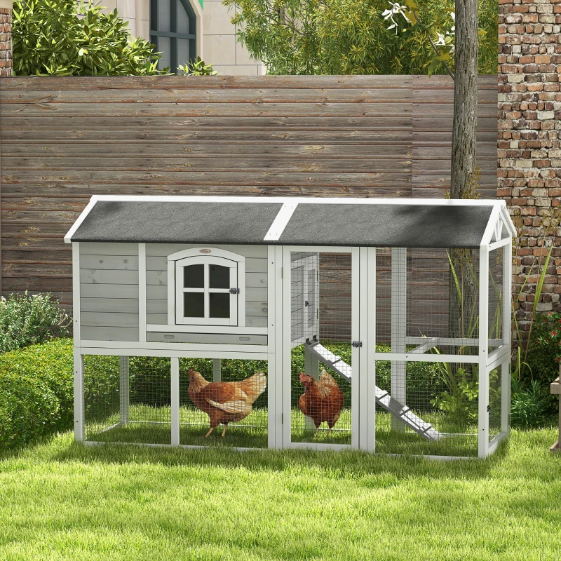 PawHut Wooden Chicken Coop with Run for 3 - 4 Chickens, Hen House with Nesting Box, Removable Tray, Outdoor Poultry Cage, 77.5" x 32.5" x 46", Light Gray