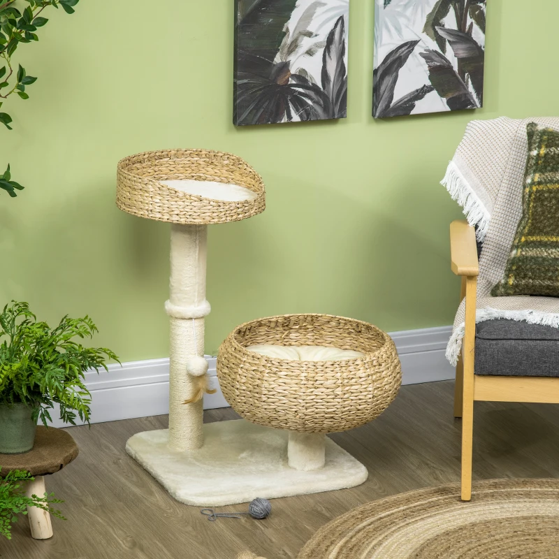 PawHut 28" Elevated Cat Bed with Sisal Scratching Post for Indoor Kitties, Modern Cat Tree with Cute Basket Design, Small Cat Tree with Fun Ball Toy
