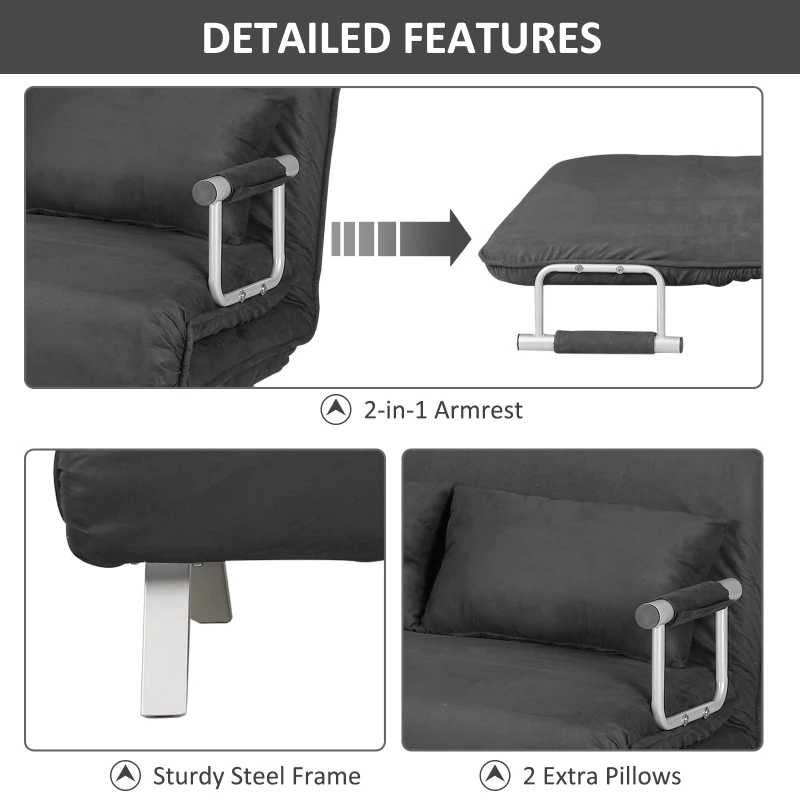 HOMCOM Two Person Convertible Sleeper Sofa Double Lounge Chair Leisure Recliner 5 Position Adjustable Couch Folding Home Office w/ Pillow Grey