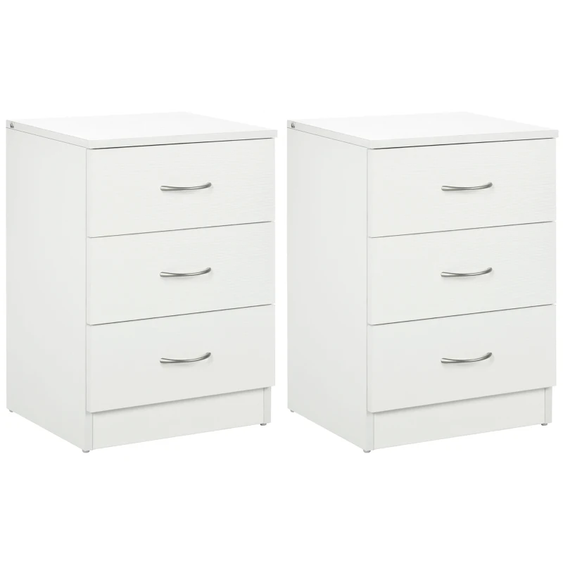 HOMCOM Bedside Table with 3 Drawers, Modern Wood Nightstand, Side Table with Anti-tipping Design for Bedroom, Set of 2, White