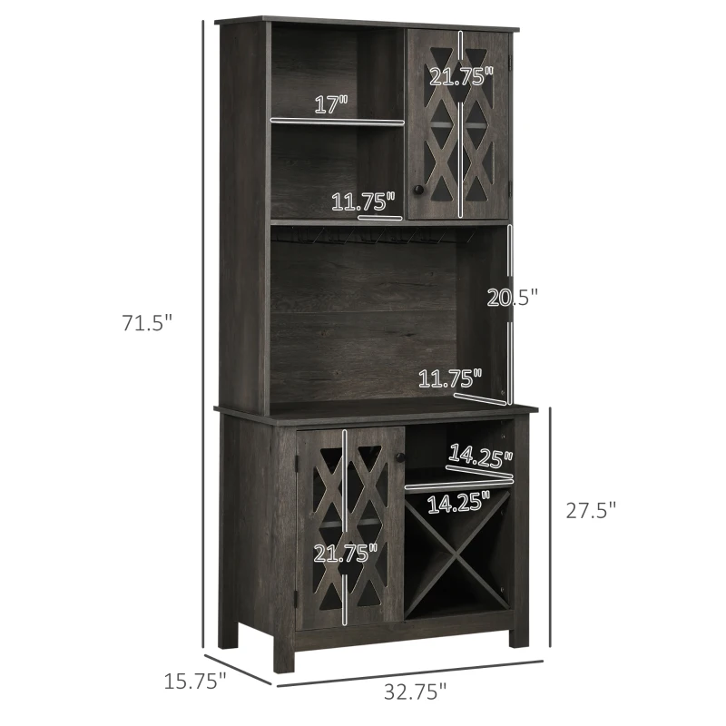 HOMCOM 72" Kitchen Pantry, Buffet with Hutch, Cupboard for Microwave, 2 Door Cabinets, Wine Glasses Rack, Wine Rack, Dark Grey