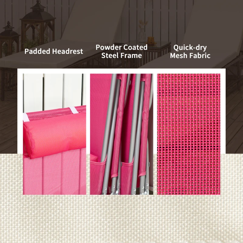 Outsunny 2 Piece Folding Chaise Lounge Chairs, Pool Sun Tanning Chairs with Reclining Back, Breathable Mesh Seat, Headrest for Beach, Yard, Patio, Pink