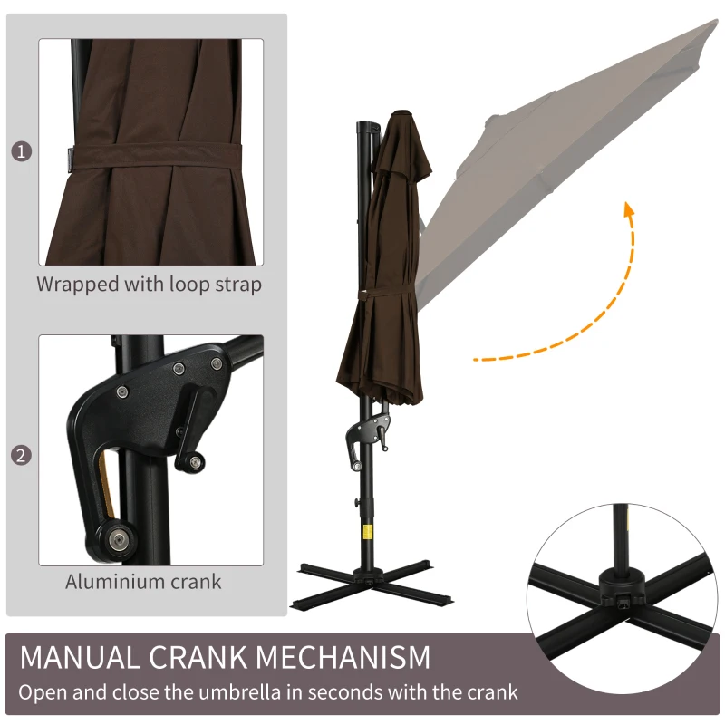 Outsunny 10ft Offset Patio Umbrella with Base, Hanging Aluminum and Steel Cantilever Umbrella with 360° Rotation, Easy Tilt, 8 Ribs, Crank, Cross Base for Poolside, Garden, Coffee