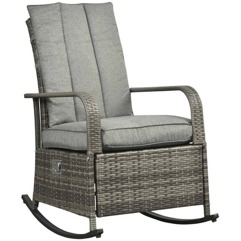 Outsunny Outdoor Wicker Rocking Chair with Cushion, Patio PE Rattan Recliner Chair with Adjustable Footrest, Armrests, Mixed Grey