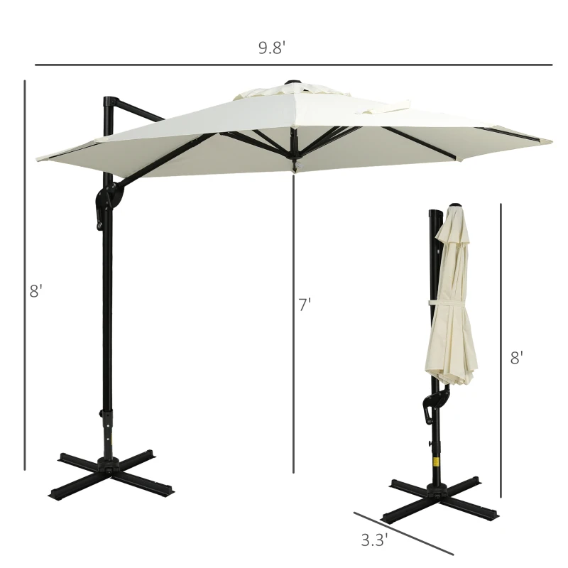 Outsunny 10ft Offset Patio Umbrella with Base, Hanging Aluminum and Steel Cantilever Umbrella with 360° Rotation, Easy Tilt, 8 Ribs, Crank, Cross Base for Poolside, Garden, Cream