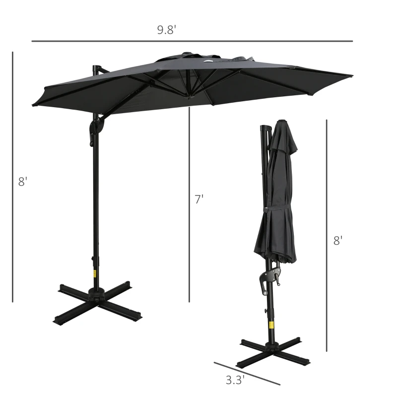 Outsunny 10ft Offset Patio Umbrella with Base, Hanging Aluminum and Steel Cantilever Umbrella with 360° Rotation, Easy Tilt, 8 Ribs, Crank, Cross Base for Poolside, Garden, Gray
