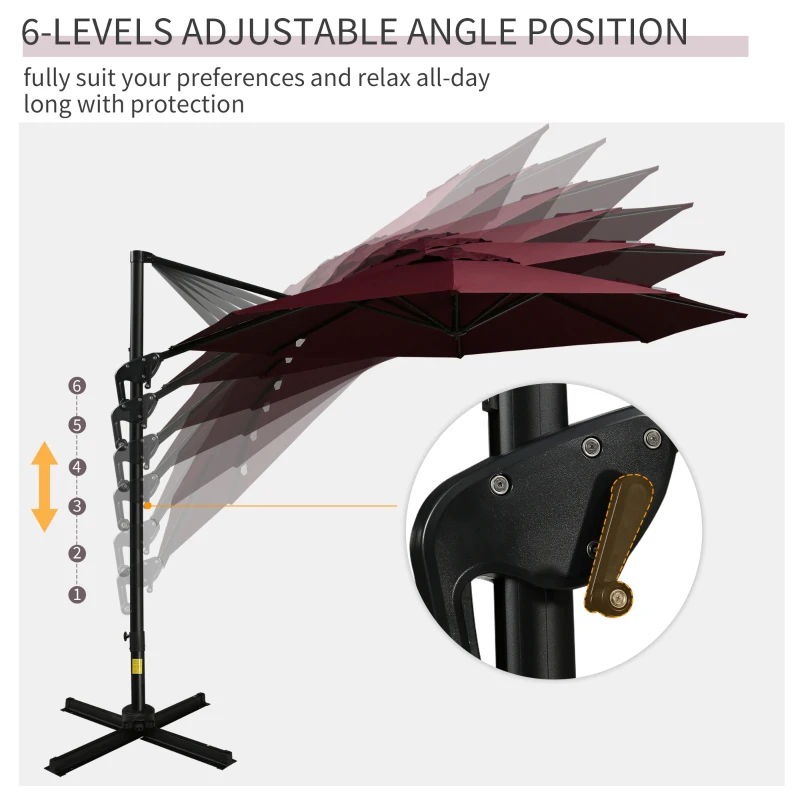 Outsunny 10ft Offset Patio Umbrella with Base, Hanging Aluminum and Steel Cantilever Umbrella with 360° Rotation, Easy Tilt, 8 Ribs, Crank, Cross Base for Poolside, Garden, Red