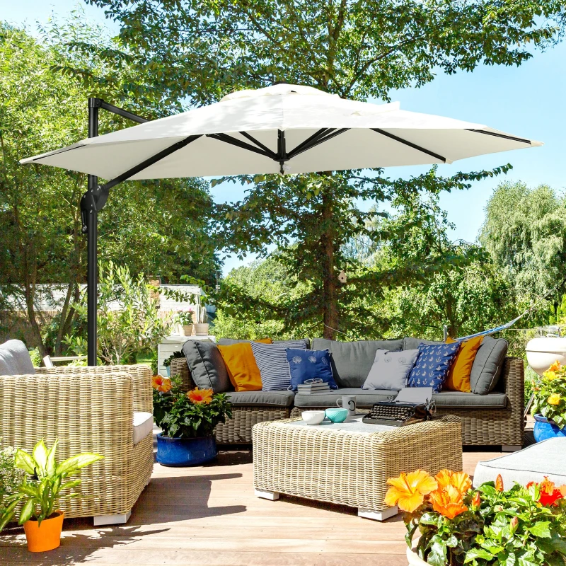Outsunny 10ft Offset Patio Umbrella with Base, Hanging Aluminum and Steel Cantilever Umbrella with 360° Rotation, Easy Tilt, 8 Ribs, Crank, Cross Base for Poolside, Garden, Cream