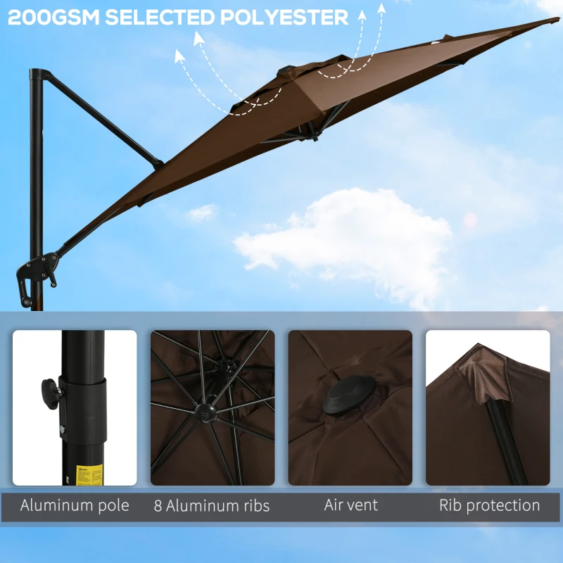 Outsunny 10ft Offset Patio Umbrella with Base, Hanging Aluminum and Steel Cantilever Umbrella with 360° Rotation, Easy Tilt, 8 Ribs, Crank, Cross Base for Poolside, Garden, Coffee