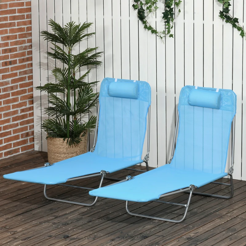 Outsunny 2 Piece Folding Chaise Lounge Chairs, Pool Sun Tanning Chairs with Reclining Back, Breathable Mesh Seat, Headrest for Beach, Yard, Patio, Blue