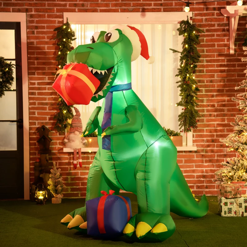 HOMCOM 6ft Christmas Inflatables Outdoor Decorationss Decorations Dinosaur with Christmas Hat and Gift Boxes, Blow-Up LED Yard Christmas Decor for Lawn Garden Party