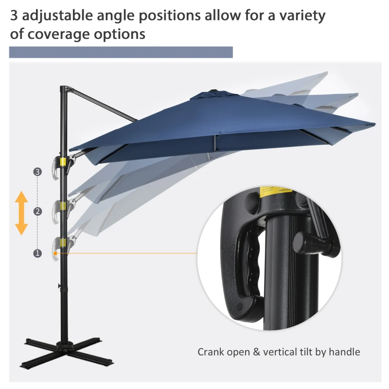 Outsunny 8' x 8' Square Patio Hanging Offset Umbrella with 360° Rotation, Aluminum Outdoor Cantilever Parasol with Crank & Tilt, Sun Canopy Shelter with Cross Base, Dark Blue