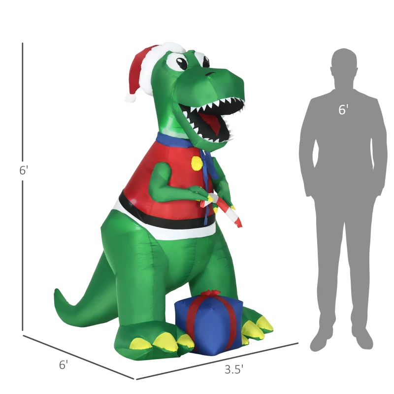 HOMCOM 6ft Christmas Inflatables Outdoor Decorationss Decorations Dinosaur with Christmas Hat, Blow-Up LED Yard Christmas Decor for Lawn Garden Party
