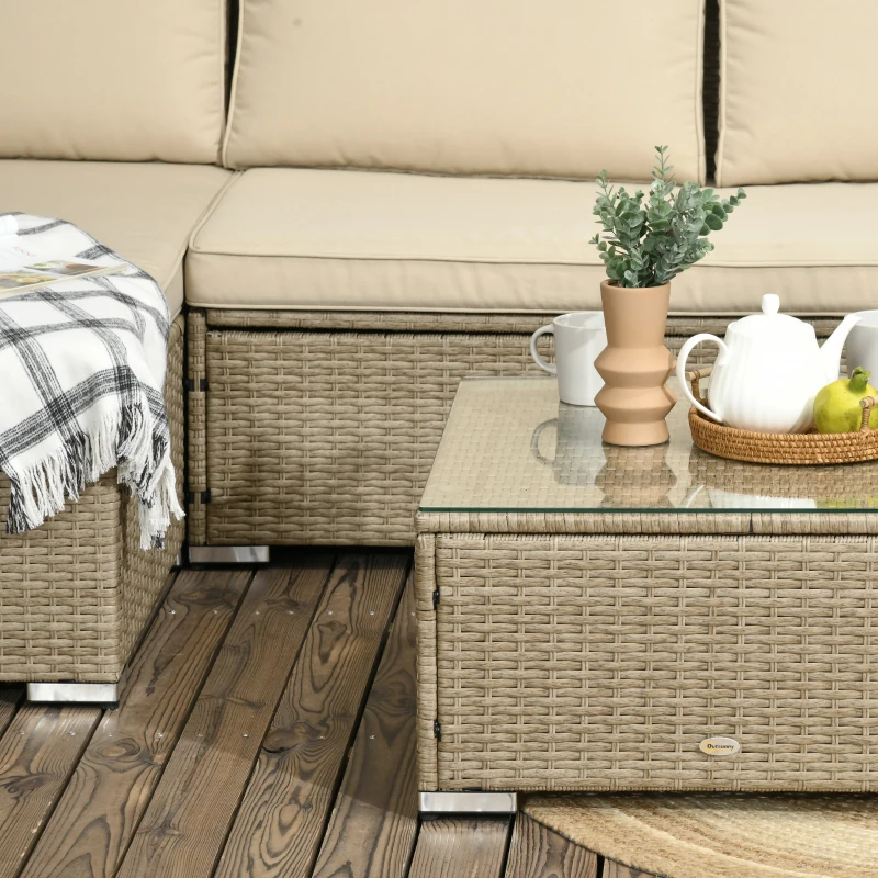 Outsunny 3 Piece Sectional Patio Furniture Set, Outdoor Wicker Rattan Sofa Couch with Table, Storage, 52.75"x30"x29.5", Khaki