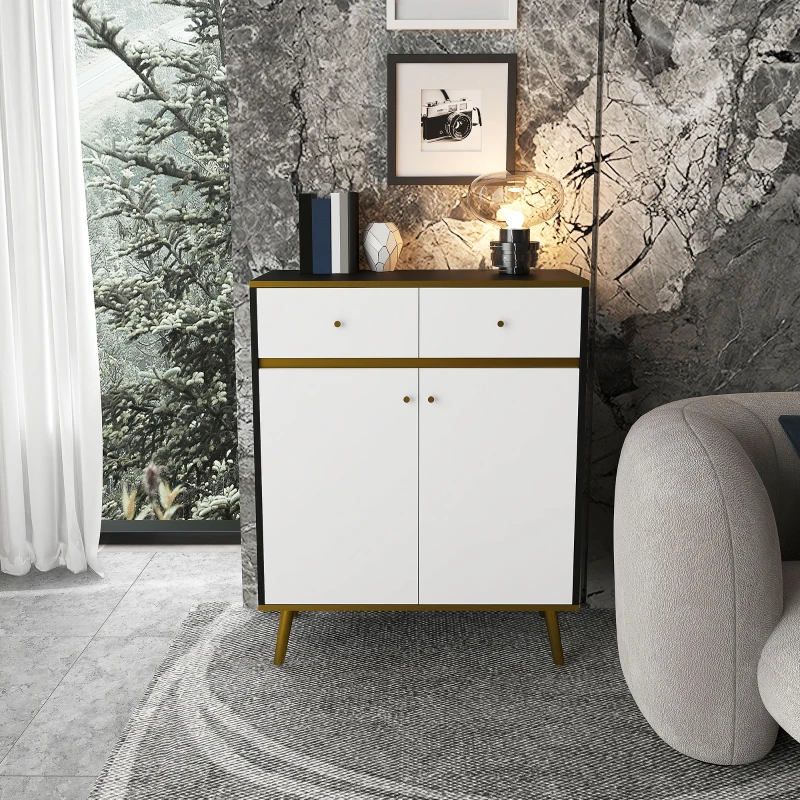 HOMCOM Accent Cabinet, Modern Buffet Sideboard with High Gloss Doors, Drawers and Pine Wood Legs for Living Room, White