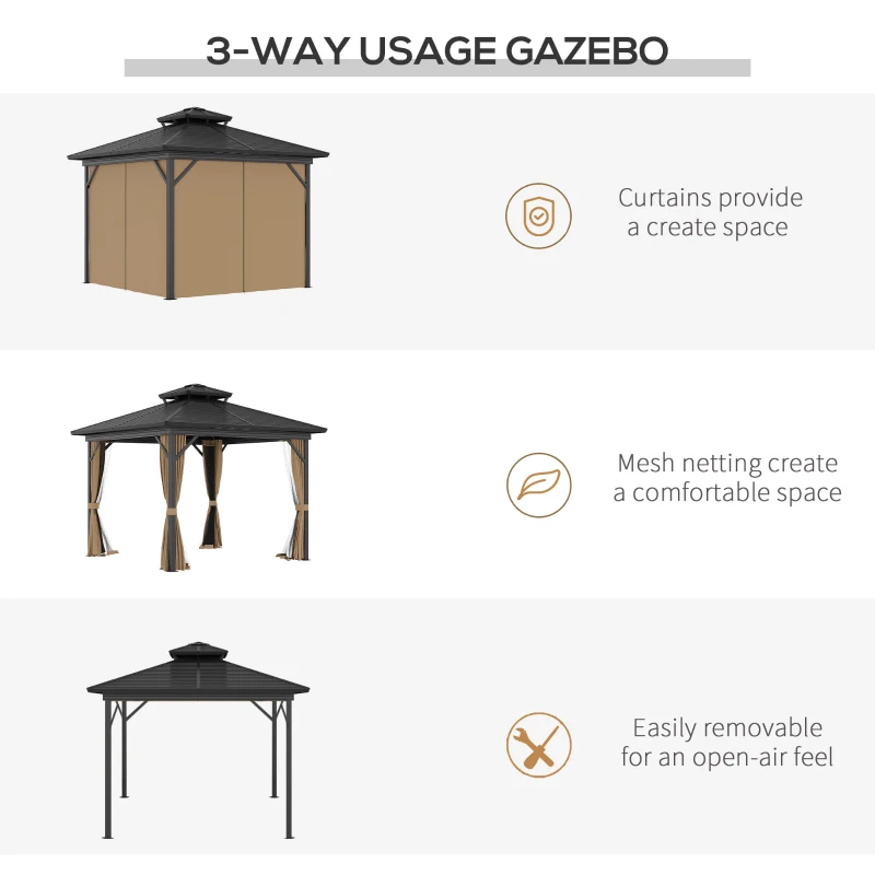 Outsunny 10' x 10' Hardtop Gazebo with Curtains and Netting, Permanent Pavilion Metal Double Roof Gazebo Canopy with Aluminum Frame and Hooks, for Garden, Patio, Backyard, Dark Brown