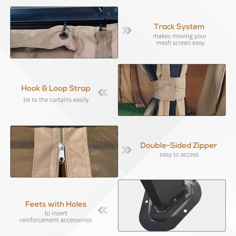 Outsunny 10' x 10' Hardtop Gazebo with Curtains and Netting, Permanent Pavilion Metal Double Roof Gazebo Canopy with Aluminum Frame and Hooks, for Garden, Patio, Backyard, Dark Brown