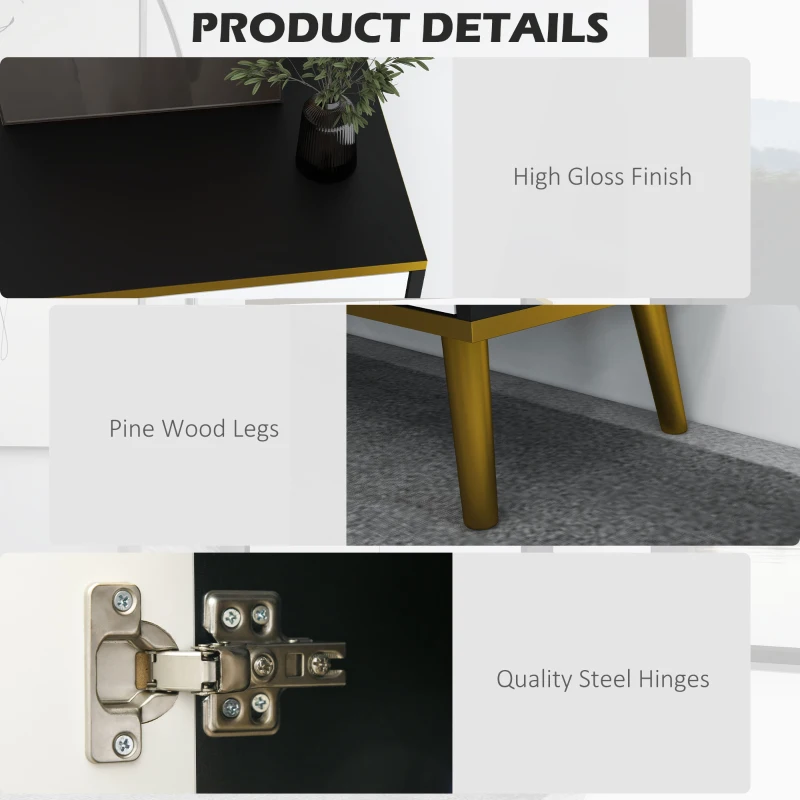 HOMCOM Accent Cabinet, Modern Buffet Sideboard with High Gloss Doors, Drawers and Pine Wood Legs for Living Room, White