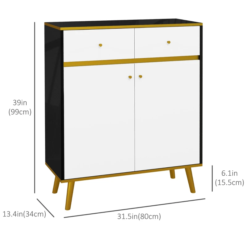 HOMCOM Accent Cabinet, Modern Buffet Sideboard with High Gloss Doors, Drawers and Pine Wood Legs for Living Room, White