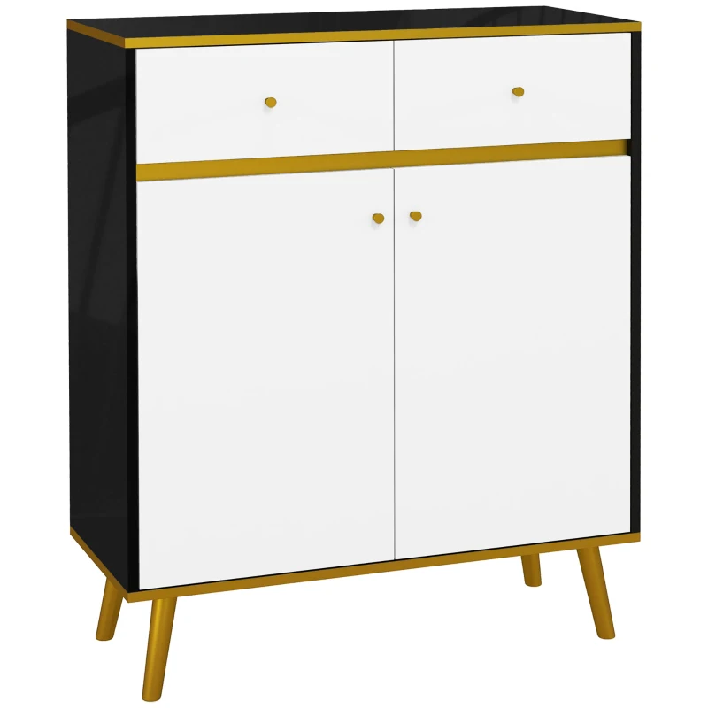HOMCOM Accent Cabinet, Modern Buffet Sideboard with High Gloss Doors, Drawers and Pine Wood Legs for Living Room, White