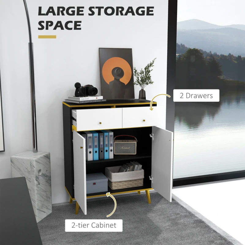 HOMCOM Accent Cabinet, Modern Buffet Sideboard with High Gloss Doors, Drawers and Pine Wood Legs for Living Room, White