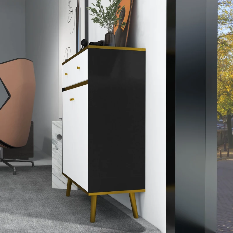 HOMCOM Accent Cabinet, Modern Buffet Sideboard with High Gloss Doors, Drawers and Pine Wood Legs for Living Room, White