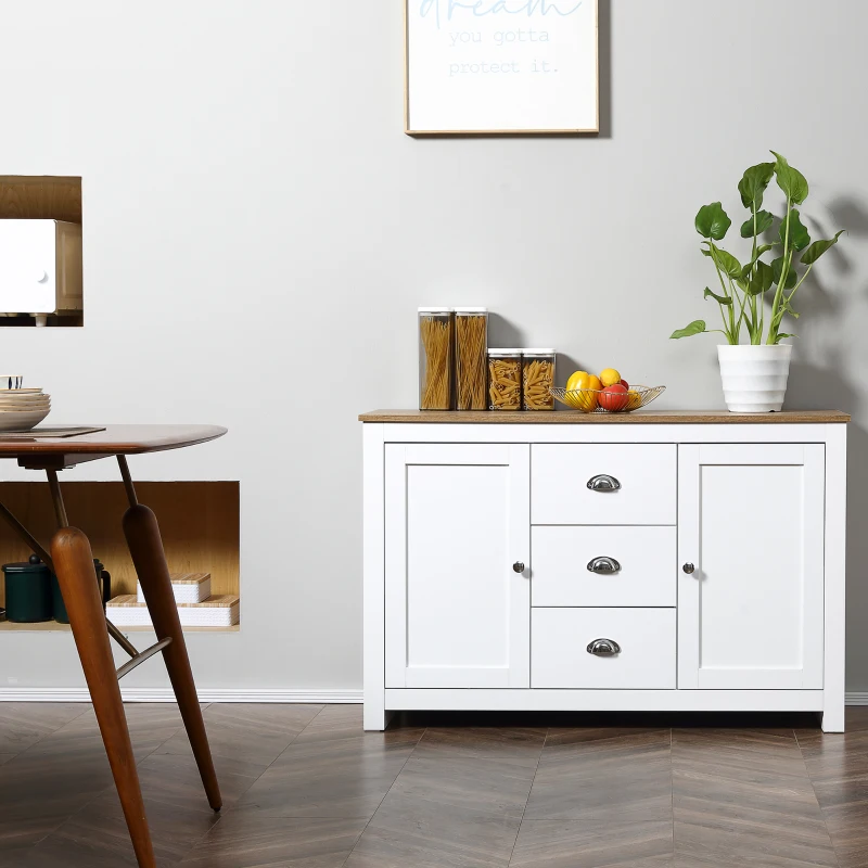 HOMCOM Modern Sideboard Cabinet, Kitchen Buffet Cabinet with 3 Drawers and Adjustable Shelves, Buffets Tables, White