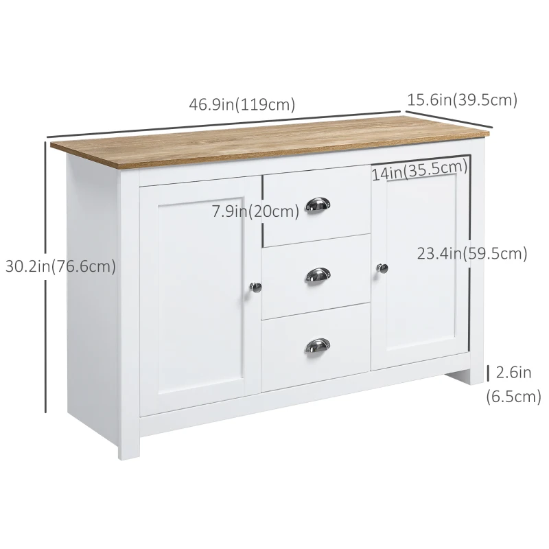 HOMCOM Modern Sideboard Cabinet, Kitchen Buffet Cabinet with 3 Drawers and Adjustable Shelves, Buffets Tables, White