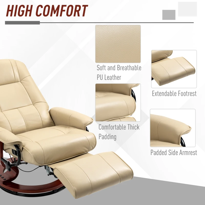 HOMCOM Faux Leather Manual Recliner, Adjustable Swivel Lounge Chair with Footrest, Armrest and Wrapped Wood Base for Living Room, Cream White(m-6)