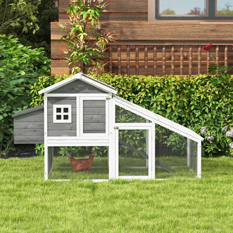 PawHut 69" Chicken Coop Wooden Backyard Poultry Hen Cage, Rabbit Hutch Pen, with Run w/ Nesting Box, Removable Tray for Easy Cleaning, Asphalt Roof, and Safe Lockable Door