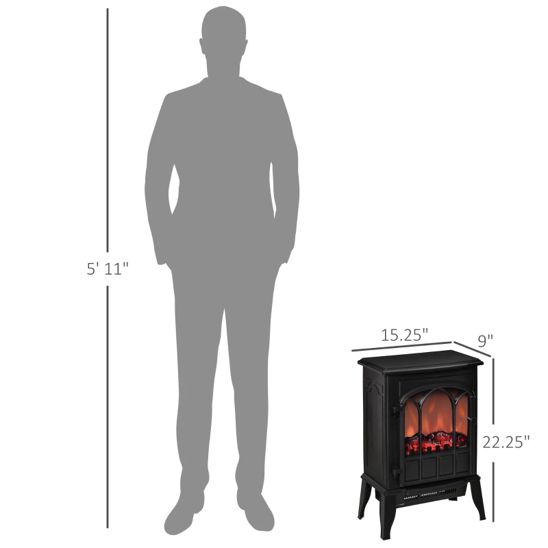 HOMCOM Electric Fireplace Stove, Freestanding Fireplace Heater, 750W/1500W, Black
