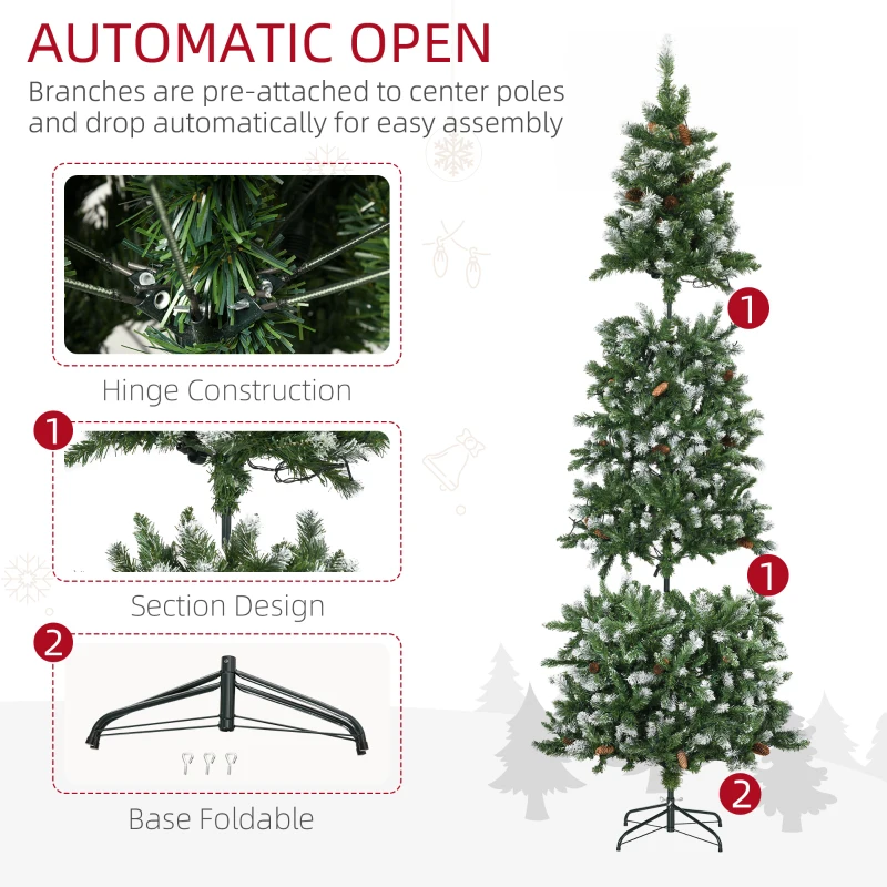 HOMCOM 7.5' Decorated Christmas Trees, Skinny Prelit Artificial Christmas Tree with Snow-dipped Branches, Auto Open, Pinecones